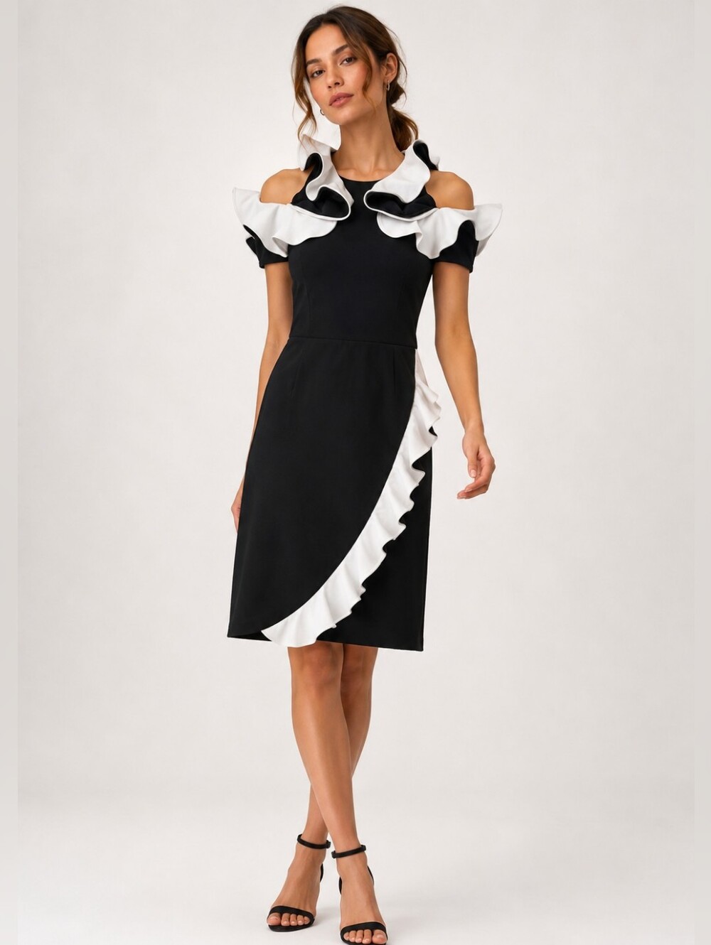 Anne Fontaine Promise Black Dress with Ivory Ruffle Accents and Open Shoulders